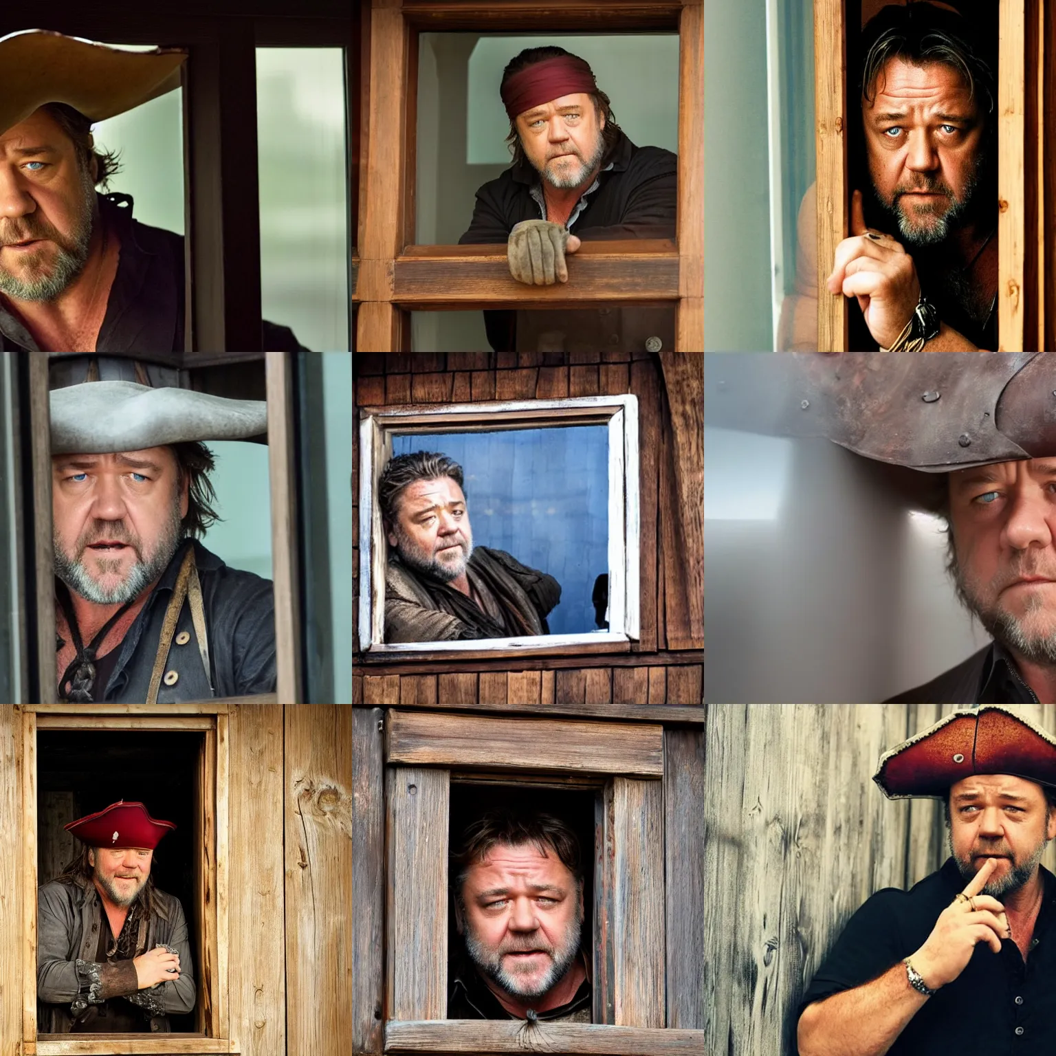 Prompt: russell crowe with large pirate hat peering out concerned down to camera from a small glass window in a wooden wall
