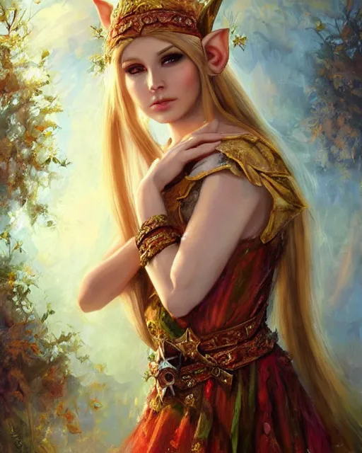 Prompt: a beautiful elf princess, oil painting, by laura sava