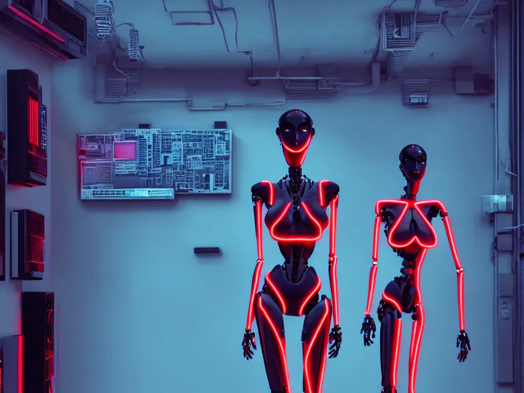 Image similar to beautiful tall female robot printed with red and black 3 d geometrical neon guarding a wall of computers!!!!!!!!!! + flowering vaporwave orchids!!!, clean linework, dramatic, uncanny valley, insanely detailed, 4 k, trending on artstation, photorealistic, award winning, rule of thirds, volumetric lighting, octane render