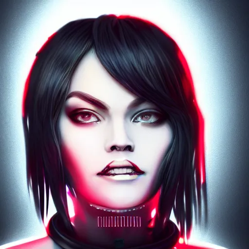 Image similar to headshot portrait of cyberpunk woman wearing thick steel choker around neck, 4K, detailed face, collar on neck, realistic, artstation, neon,