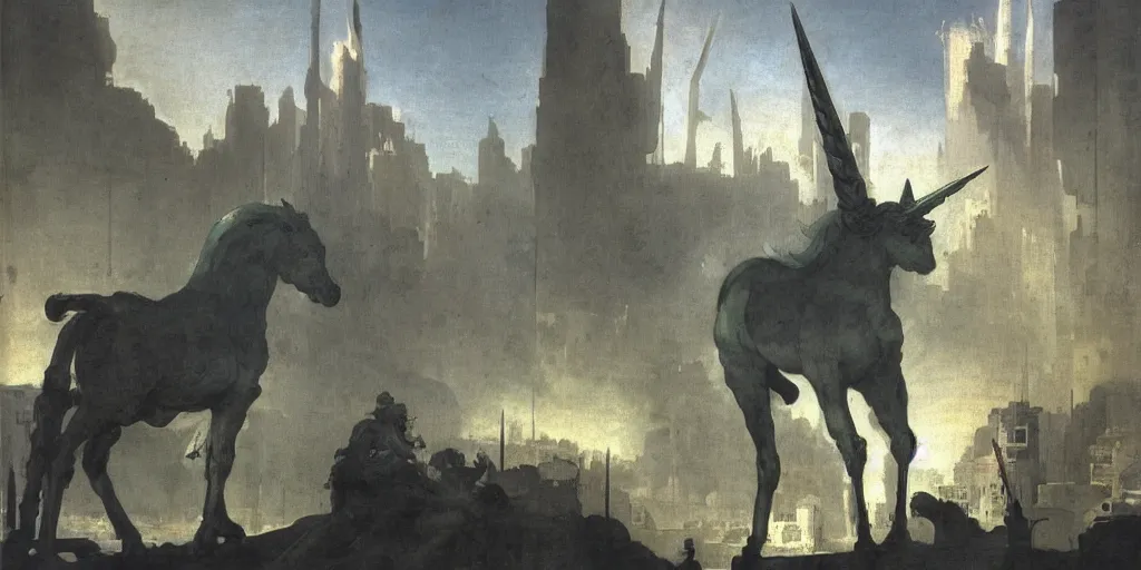 Image similar to unicorn in a futuristic cyberpunk town. By Francisco Goya, highly detailed