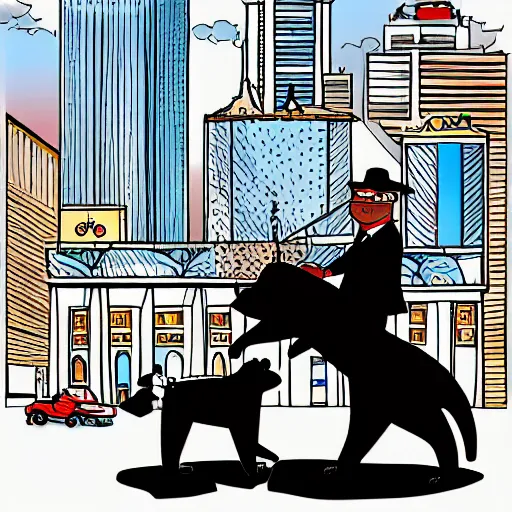 Image similar to digital art of a businessman riding a bear in the city