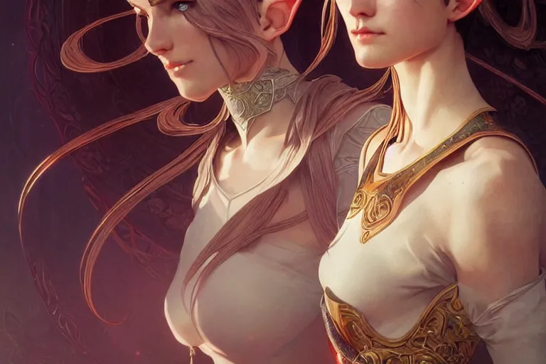 Prompt: the righteous female elf, deep focus, intricate, elegant, highly detailed, digital painting, artstation, concept art, matte, sharp focus, illustration, art by artgerm and greg rutkowski and alphonse mucha