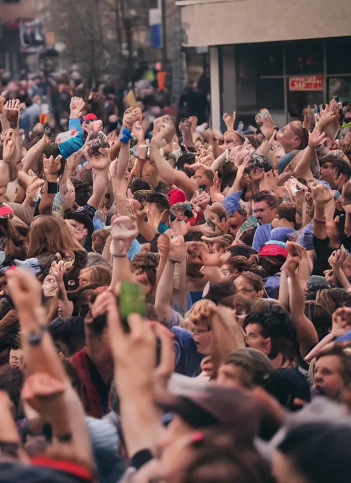 Image similar to crowd of tired citizens carrying a humongous bigmac over their heads, DSLR 35mm