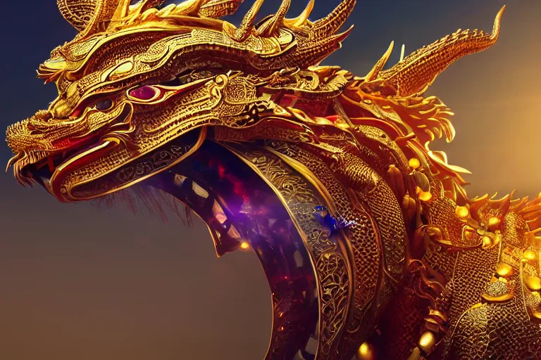 Image similar to cinematic closeup portrait of a golden chinese dragon intricately decorated with colorful jewels, detailed textures, strong bokeh, sunrays, dramatic sunset lighting, unreal engine, cgsociety, artstation, 4k