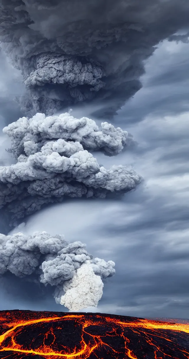 Image similar to huge storm on an erupting volcano, cyclone, rain, wind, lava, hyper realistic picture, hd