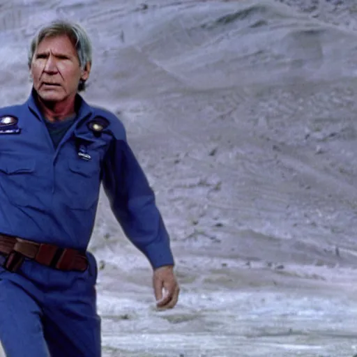 Image similar to A still of Harrison Ford in the new Battlestar Galactica (2003), wearing a very dark blue uniform, pointing angrily at Saul Tigh