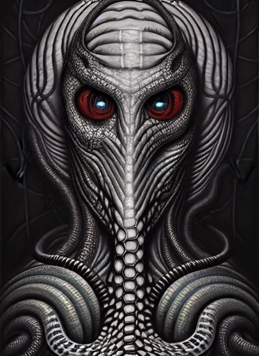 Image similar to lovecraft giger fractal snake portrait, pixar style, by tristan eaton stanley artgerm and tom bagshaw.