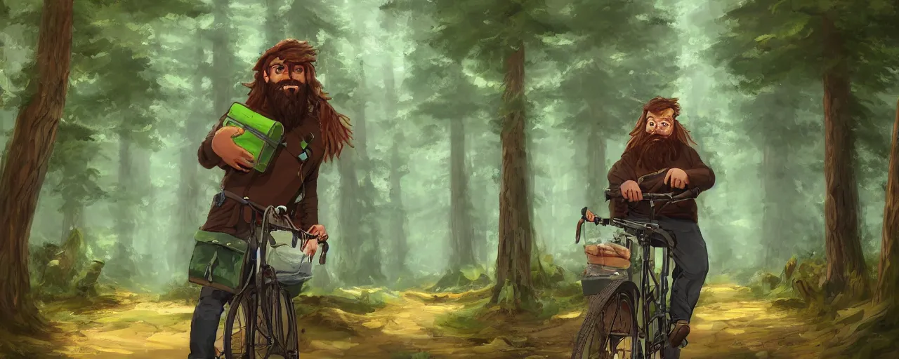 Prompt: a bearded and long haired bicycle food delivery worker with a green bag on his back in ireland, he has boots, in a mystical forest full of wonders, pine trees, magical atmosphere, trending on artstation, 30mm, by Noah Bradley trending on ArtStation, deviantart, high detail, stylized portrait