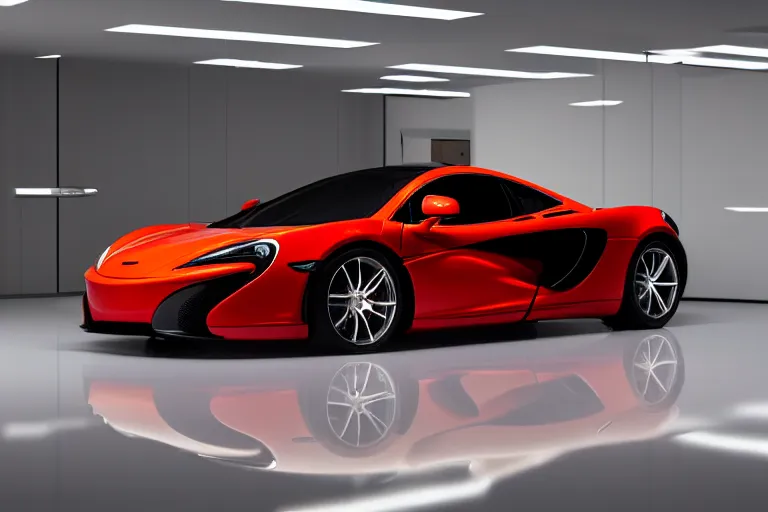 Prompt: a red mclaren standing in a white void with a reflective white floor, reflective car, realistic, intricate, white light