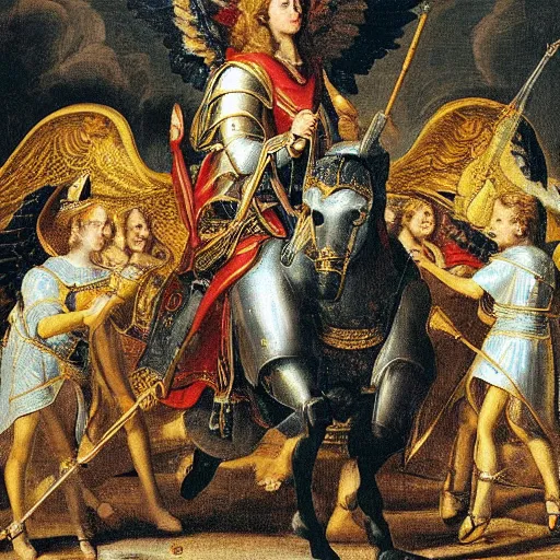 Prompt: prince william wearing knight's armor with heavenly angels surrounding him