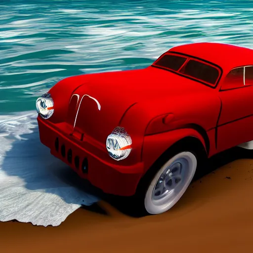 Image similar to red elephant car driving on the Pacific ocean, highly detailed, 8k, bordering on artstation,