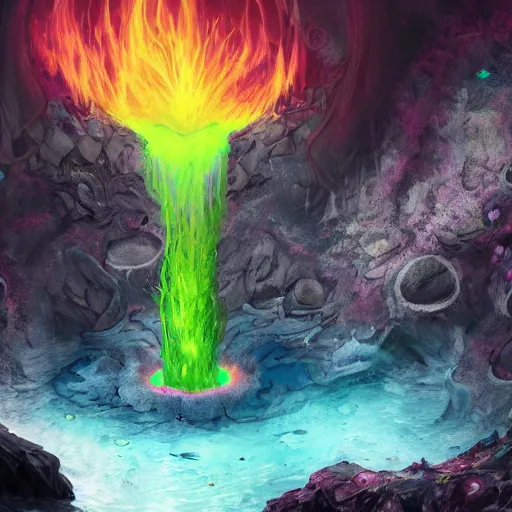 Prompt: a black dragon in the middle of a colorful geothermal hotspring in a cavern, featured on artstation