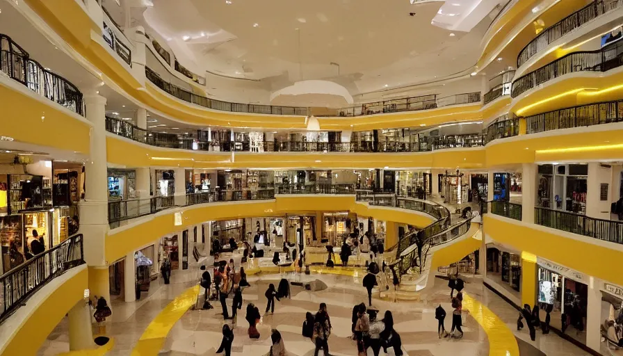 Prompt: a grainy photo of a yellow tinted , refurbished mall which is uncanny and eery