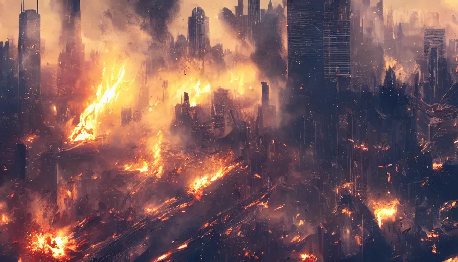 Prompt: movie poster of chicago destroyed by giant robots, fire, smoke columns, debris, ashes, collapsing, hyperdetailed, artstation, cgsociety, 8 k