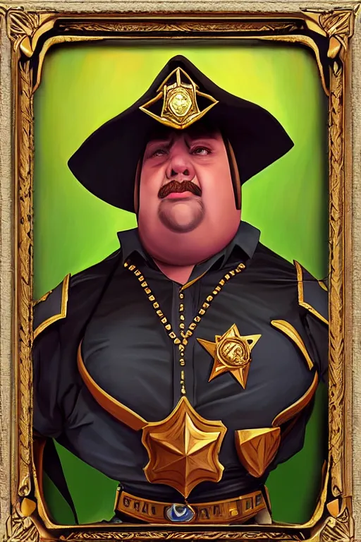 Image similar to high elf mall cop with a sheriff's badge that is fat, shifty, and incompetent, RPG portrait from the chest up, Oil Painting, dramatic lighting, renaissance