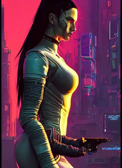 Prompt: cyberpunk jujitsu assassin. portrait by mœbius and will eisner and gil elvgren and pixar. realistic proportions. cyberpunk 2 0 7 7, apex, blade runner 2 0 4 9 concept art. cel shading. attractive face. thick lines.