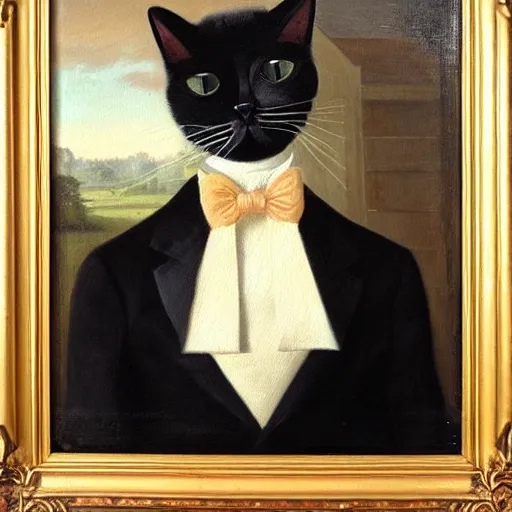 Image similar to portrait of a cat wearing a black suit jacket and holding a piece of cheese, tan vest, and white ascot, an american romanticism painting, a portrait painting, cgsociety, soft focus, oil on canvas