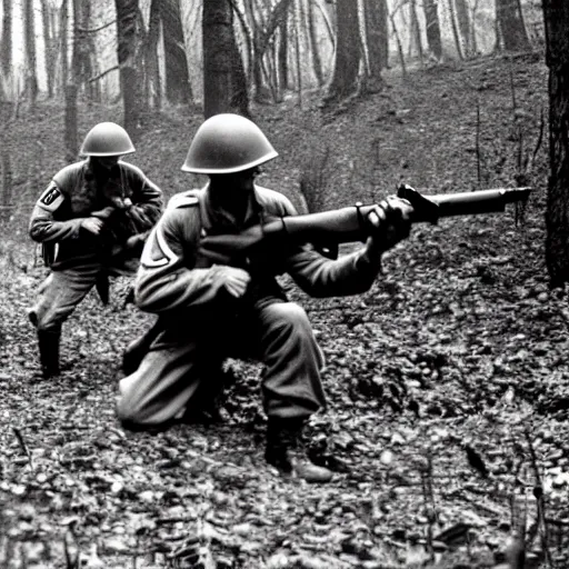Image similar to ww 2 battlefield encounter in the woods between 2 american soldiers and a german soldier fighting for their lives