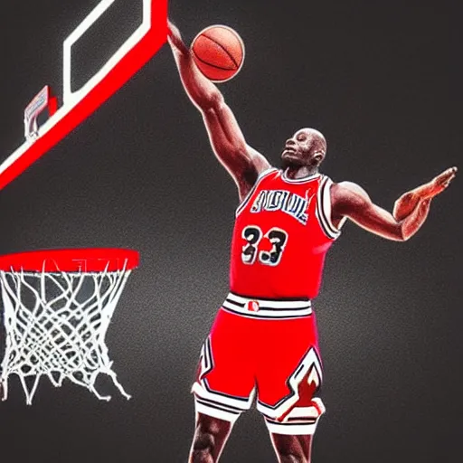 Image similar to “hyperrealistic mixed media high resolution image of michael jordan as superman, dunking a basketball, stunning 3d render inspired art by István Sándorfi and Greg Rutkowski and Unreal Engine, perfect symmetry, dim volumetric lighting, 8k octane beautifully detailed render, post-processing, extremely hyper-detailed, intricate, epic composition, highly detailed attributes, highly detailed atmosphere, cinematic lighting, masterpiece, trending on artstation, very very detailed, masterpiece, stunning, flawless structure, lifelike texture, perfection,”