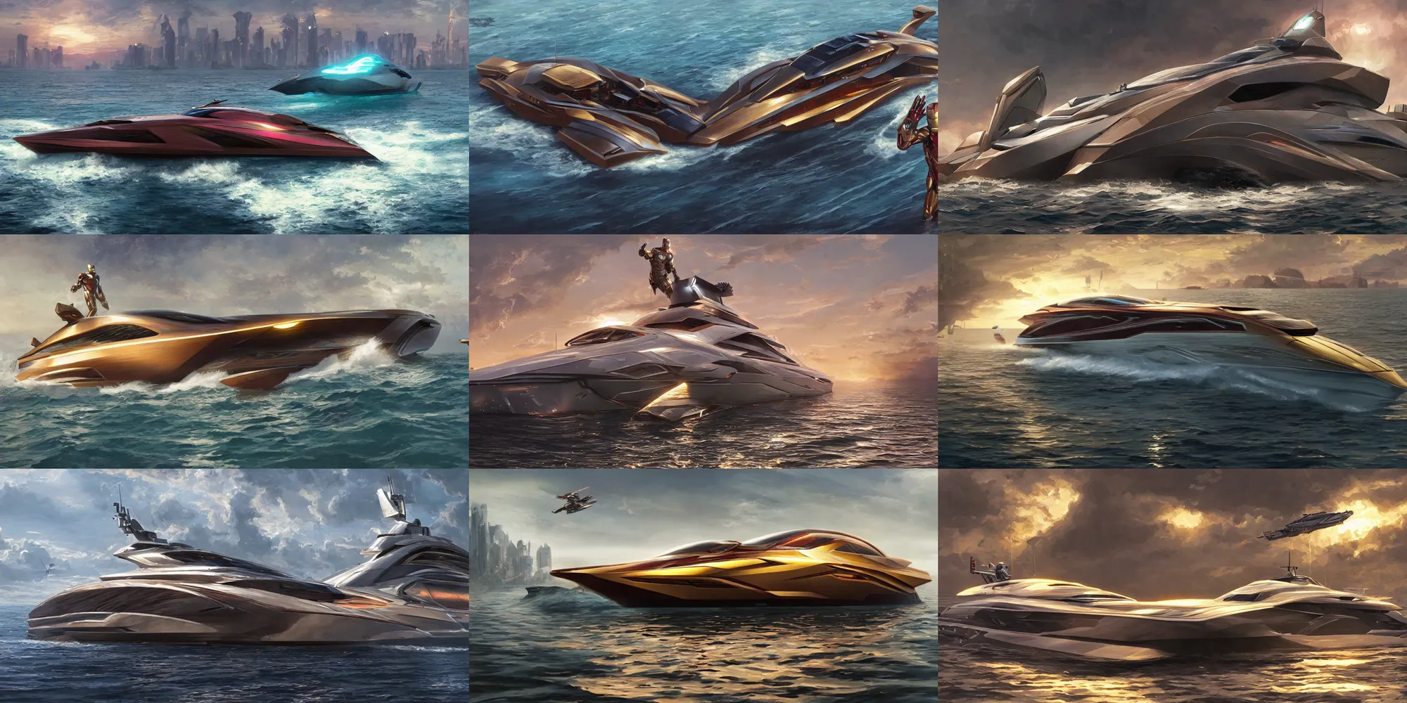 Prompt: an iron man concept yacht, cyberpunk speedboat, hex tile armor, ultra realistic, sci-fi, fantasy, smooth, intricate, highly detailed, golden hour, epic lighting, concept art, sharp focus, artstation, CGSociety, art by greg rutkowski, and syd mead