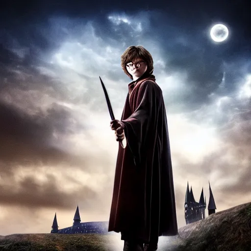 Image similar to Harry potter standing and holding a short wand, magic aura, side view, thunderclouds, cinematic shot, wide shot, epic scale, waving robe movement, photorealistic detail and quality, intricate ground stone, magical sigils, floating particle effects, movie still, nighttime, crescent moon, sharp and clear, action shot, intense scene, visually coherent, symmetry, rule of thirds, movement, photorealistic colors, cool colors transitioning to warm colors, modest tone, award winning, directed by Steven Spielberg, Christopher Nolan, Tooth Wu, Asher Duran, artstation