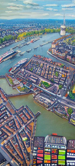 Image similar to a large oil painting of a drone view of amsterdam