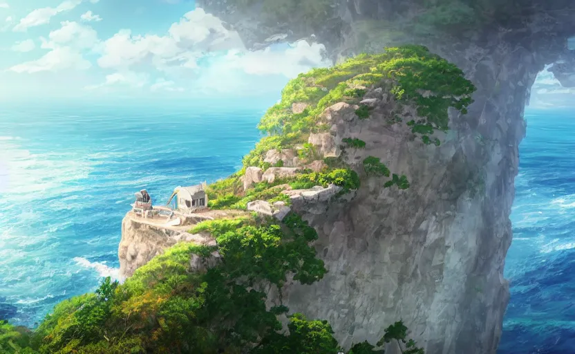 Prompt: one big house on a cliff over an ocean, one small boat, dangerous cliffside, cliffs, trees. matte painting, Makoto Shinkai, anime, trending on ArtStation, digital art.