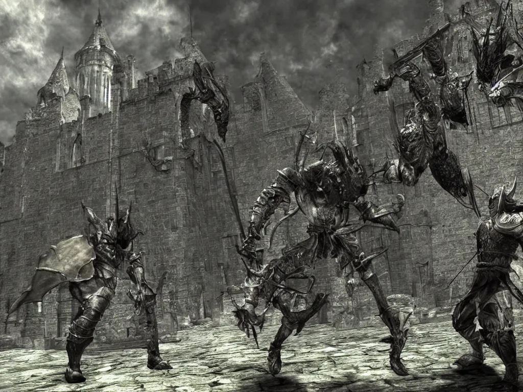 Image similar to Demon Souls Dark Souls Boss fight in abandoned castle