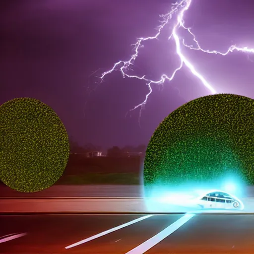 Image similar to futuristic flying car inside a circle made of lightning in the sky, thunderstorm at night, 28mm dramatic photo