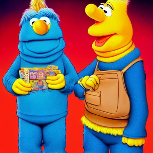 Prompt: ganster bert and ernie, fine detail, artwork by alex horley and joe jusko and todd schorr