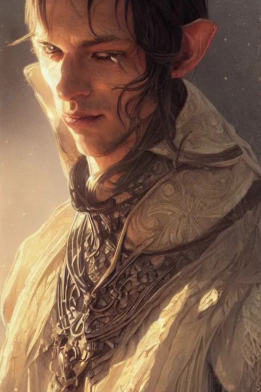 Prompt: up close portrait of a male wood elf, d & d, face, fantasy, intricate, elegant, highly detailed, digital painting, artstation, concept art, smooth, sharp focus, illustration, art by artgerm and greg rutkowski and alphonse mucha
