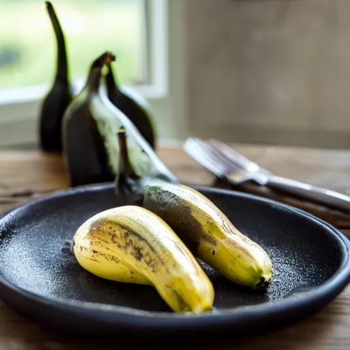 Image similar to photo of a delicious black banana on a plate on the table of a rustic farmhouse in cornwall