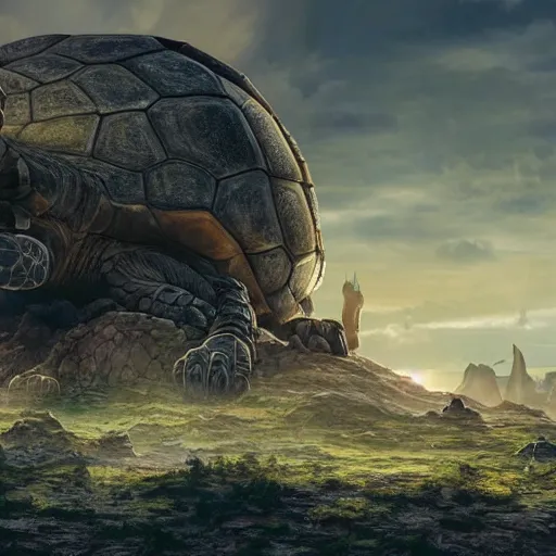 Image similar to tortoise moves across harsh wasteland with sharp rays of sunlight with a large fantasy castle covering the top of the giant tortoise similar to mortal engines or howls moving castle, distant - mid - shot, fantasy, hyper detailed, realistic