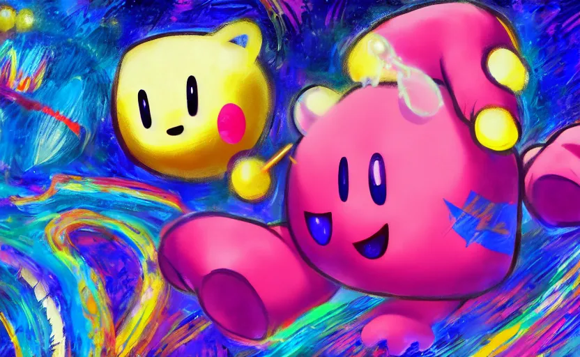 Image similar to Kirby dancing, digital painting, expressionistic, intricate detail, meticulous brush strokes, genius composition, masterpiece, work of art, 4k wallpaper