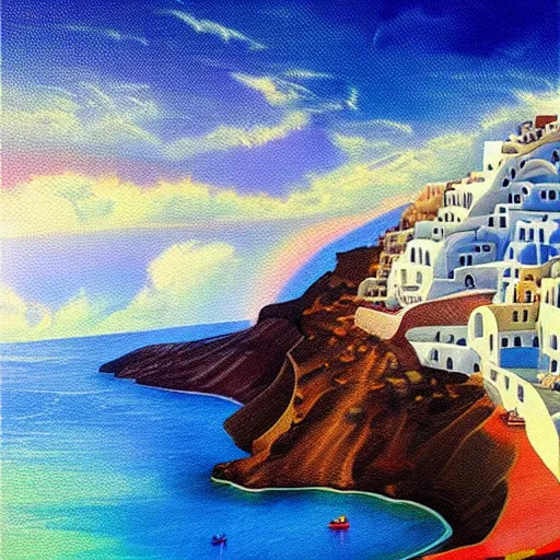 Image similar to professional painting of Santorini in the style of Gabriel Dawe, smooth, sharp focus, illustration, intricate, stormy weather, extremely detailed masterpiece,