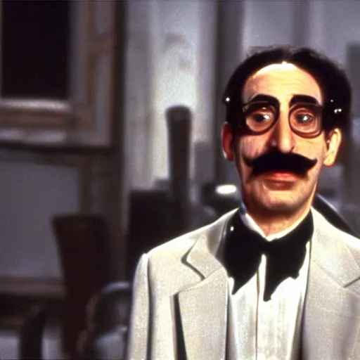 Prompt: Still image of Groucho Marx starring as Neo in 'The Matrix'(1999)