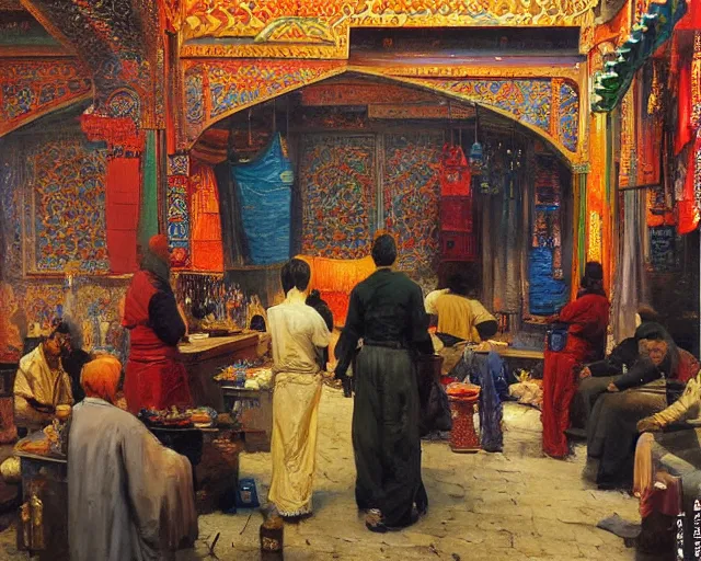 Image similar to an oil painting in the style of orientalism of dragons on display in a dragon auction in the grand bazaar of isfahan by edwin lord weeks, trending on artstation