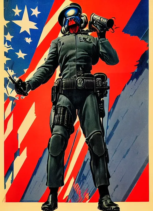 Image similar to american propaganda poster. cyberpunk police trooper. portrait by jean giraud and anton otto fischer and john philip falter and will eisner and gil elvgren. realistic proportions. character art. science fiction d & d. tf 2, overwatch.