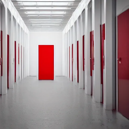 Prompt: a white room with multiple red doors, surreal, creepy, unsettling, liminal space,