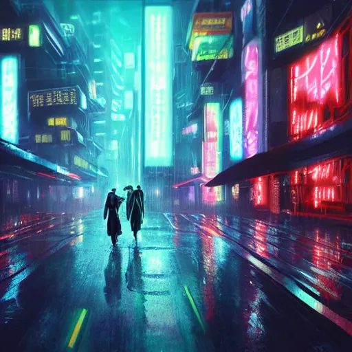 Image similar to cyber punk, futuristic, neo Tokyo, blade runner city concept art, digital matte painting, award winning concept art, neon lights, raining