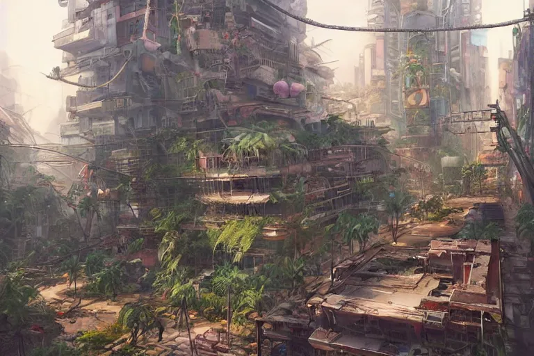 Image similar to a cyberpunk city in ruins, jungle plants overgrowing the streets and buildings, a few cats run through the ruins, by artgerm and amano and rutkowski and kincaid, trending on artstation