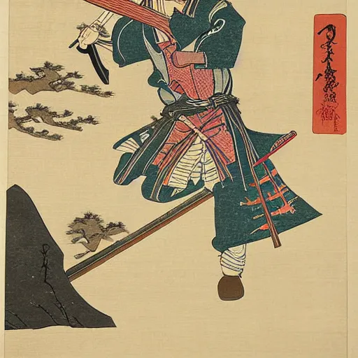 Image similar to Japanese woodblock print of geralt of rivia holding a samurai sword , cherry blossom, Hokusai