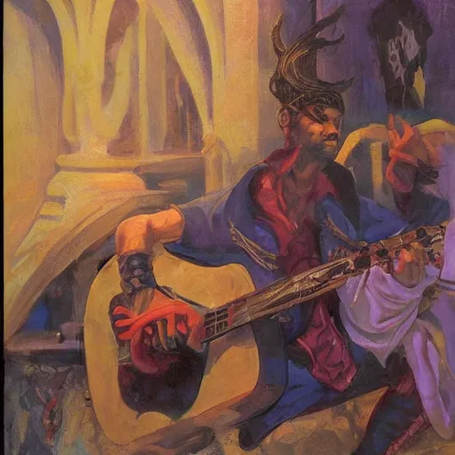 Prompt: D&D character portrait tiefling bard in a tavern playing a song but bad designed by john romita jr. painted by Edwin Austin Abbey
