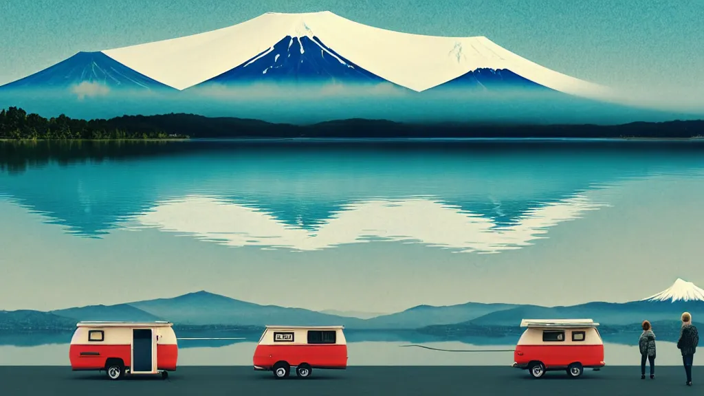 Image similar to a scene of two travellers and their camper touring at yamanaka lake, reflecting mount fuji, japan, a collage painting, in the style of wes anderson, lola dupre, david hockney, isolated on negative white space background dark monochrome neon spraypaint accents volumetric octane render