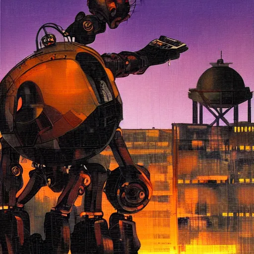 Prompt: a fullmetal wired robot is reading the forbidden intimate diary of sophia aeon, the background is the purple sunset over the gasometer in santiago of chile, oil on canvas by dave mckean and yoji shinkawa