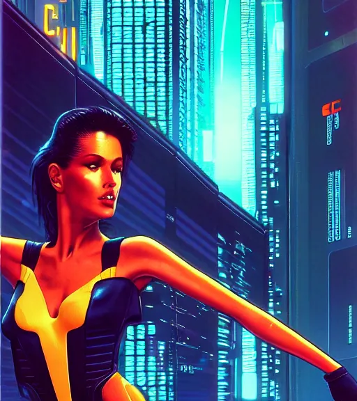 Image similar to cable plugged in, side of head, very very beautiful woman, cyberdeck computer terminal, street level night city, 1 9 7 9 omni magazine cover, style by vincent di fate, artgerm, cyberpunk 2 0 7 7, very coherent, detailed, 4 k resolution, unreal engine, daz