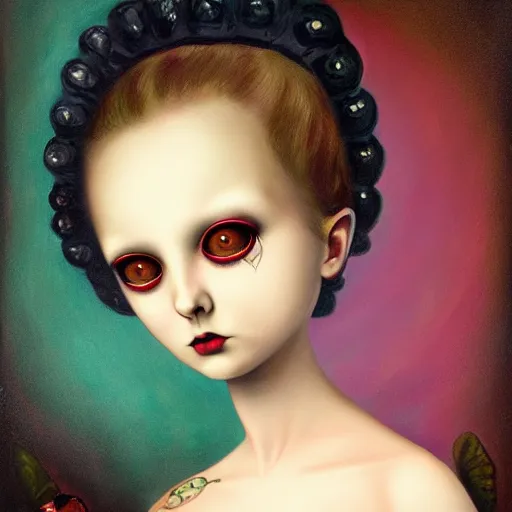 Image similar to a painting in the style of mark ryden and in the style of natalie shau and in the style of irakli nadar.