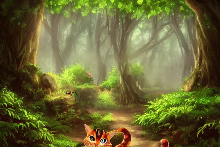 Image similar to a cat in a forest, highly detailed, digital art, trending on artstation, backlighting, by kawacy, by wayne mclouglin, by don bluth, fan art