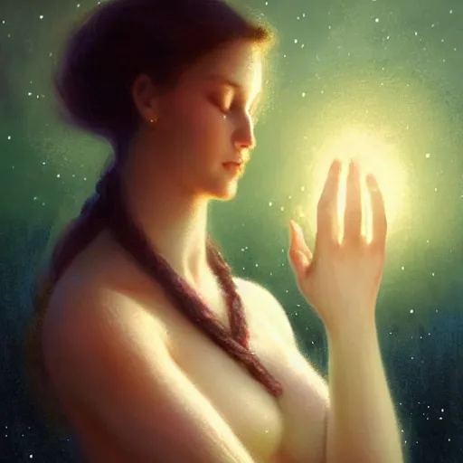 Image similar to A woman holding!!!!! Earth!!!!! in her eloquently gentle palms while she solemnly meditates about what to do next in the creation of the universe, illustrated by Greg Rutkowski and Gaston Bussiere, vividly radiantly beautiful lighting, closeup!!!!!, portrait imagery!!!!!, dazzling dappled lighting, subsurface scattering, light refractions, trending on artstation, 4k, 8k!!!!!